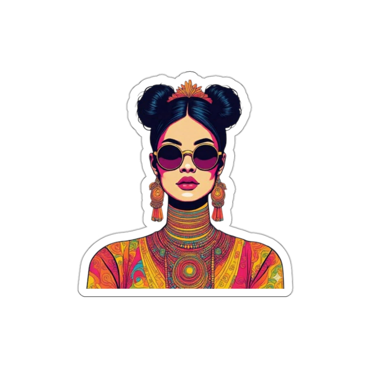 Boho Chic Woman Die-Cut Sticker — Colorful Retro Portrait Sticker