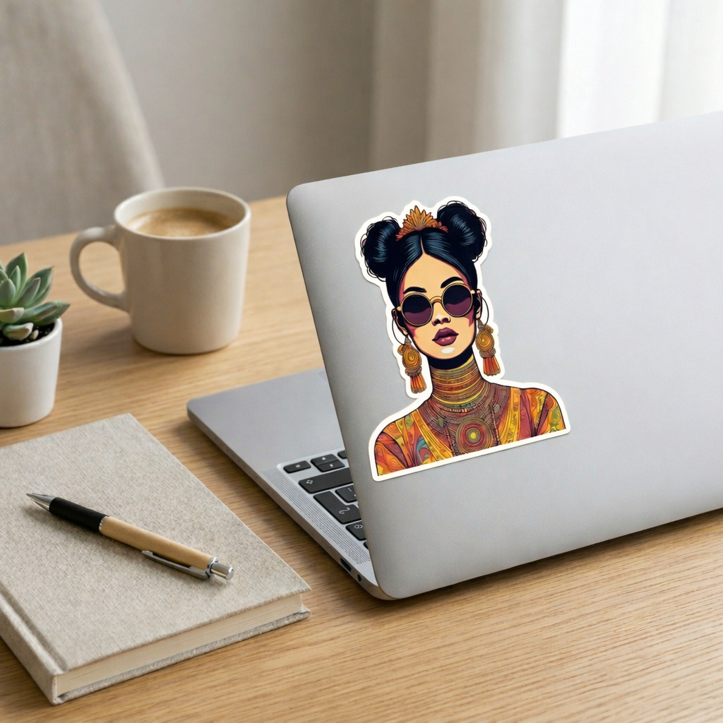 Boho Chic Woman Die-Cut Sticker — Colorful Retro Portrait Sticker