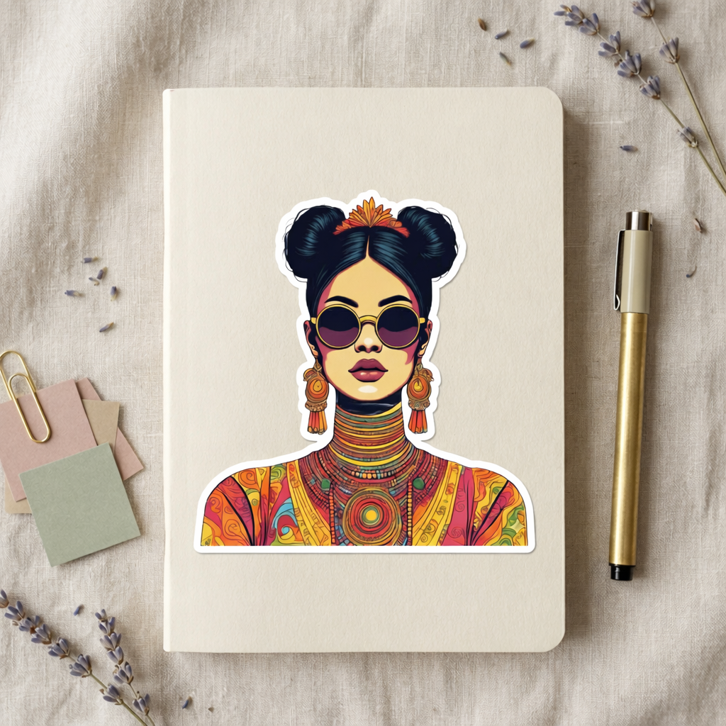 Boho Chic Woman Die-Cut Sticker — Colorful Retro Portrait Sticker