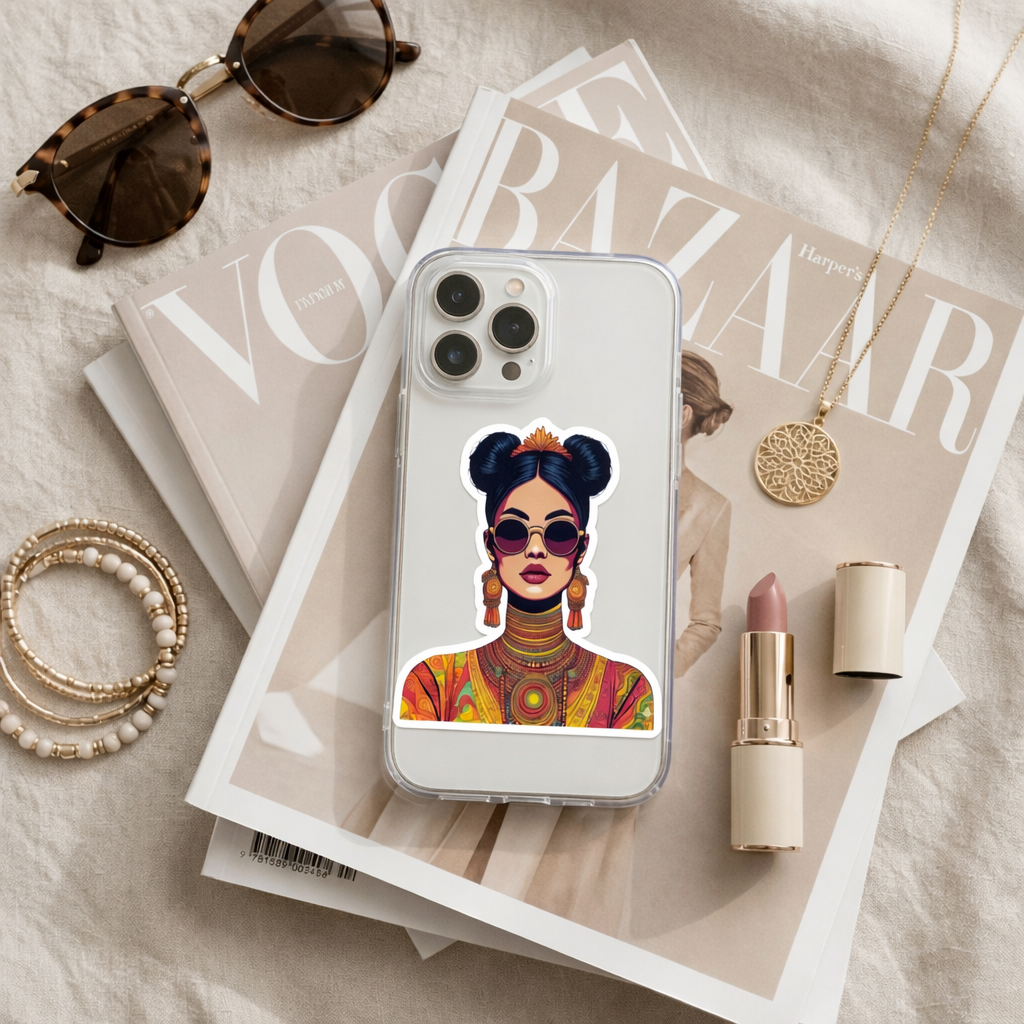 Boho Chic Woman Die-Cut Sticker — Colorful Retro Portrait Sticker