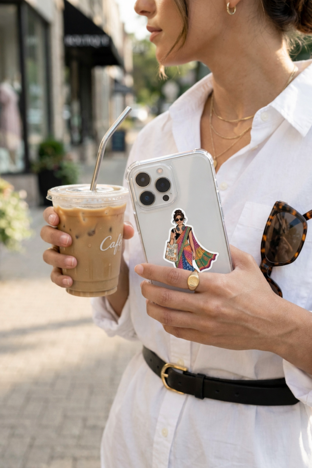 Trendy Indian Street Style Saree Sticker — Confident Woman in Sneakers & Tote