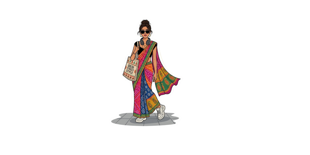 Trendy Indian Street Style Saree Sticker — Confident Woman in Sneakers & Tote