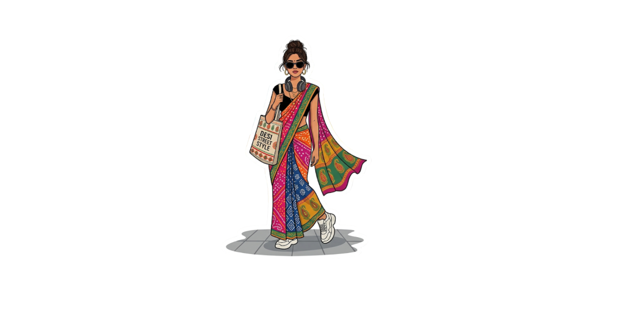 Trendy Indian Street Style Saree Sticker — Confident Woman in Sneakers & Tote