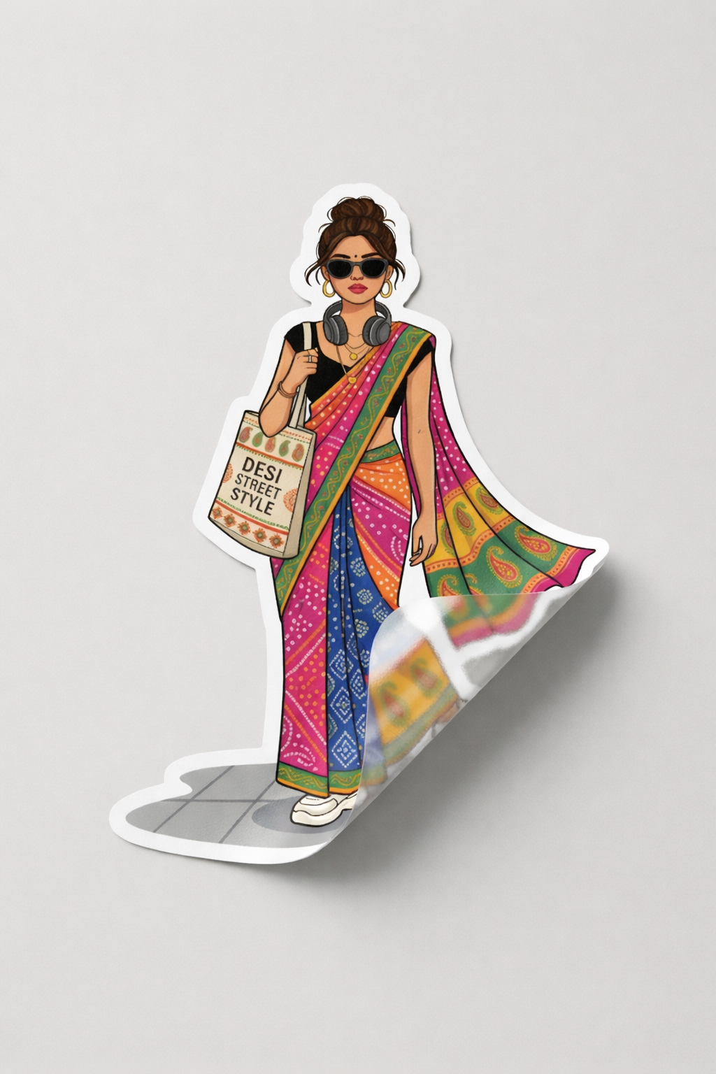 Trendy Indian Street Style Saree Sticker — Confident Woman in Sneakers & Tote