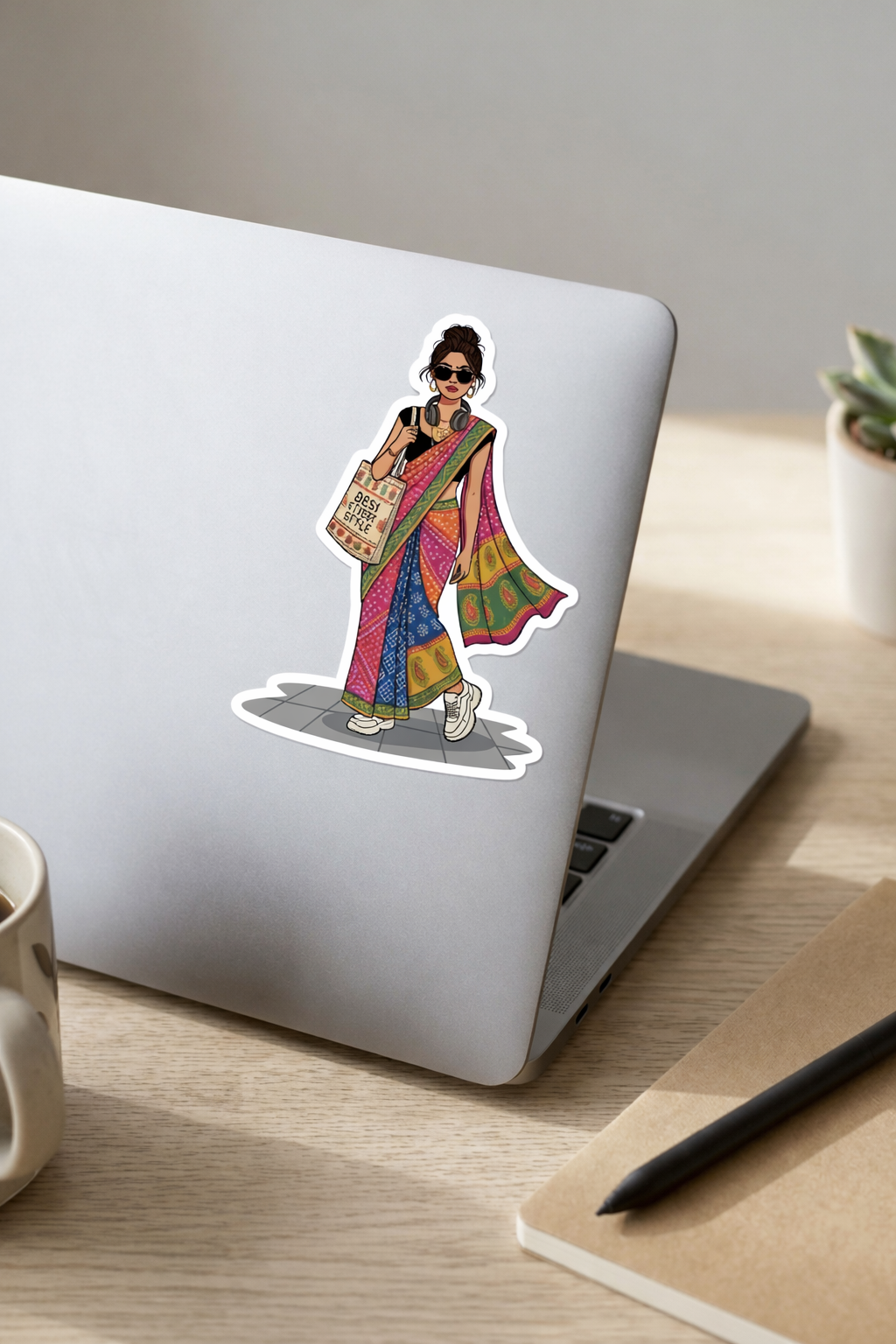 Trendy Indian Street Style Saree Sticker — Confident Woman in Sneakers & Tote