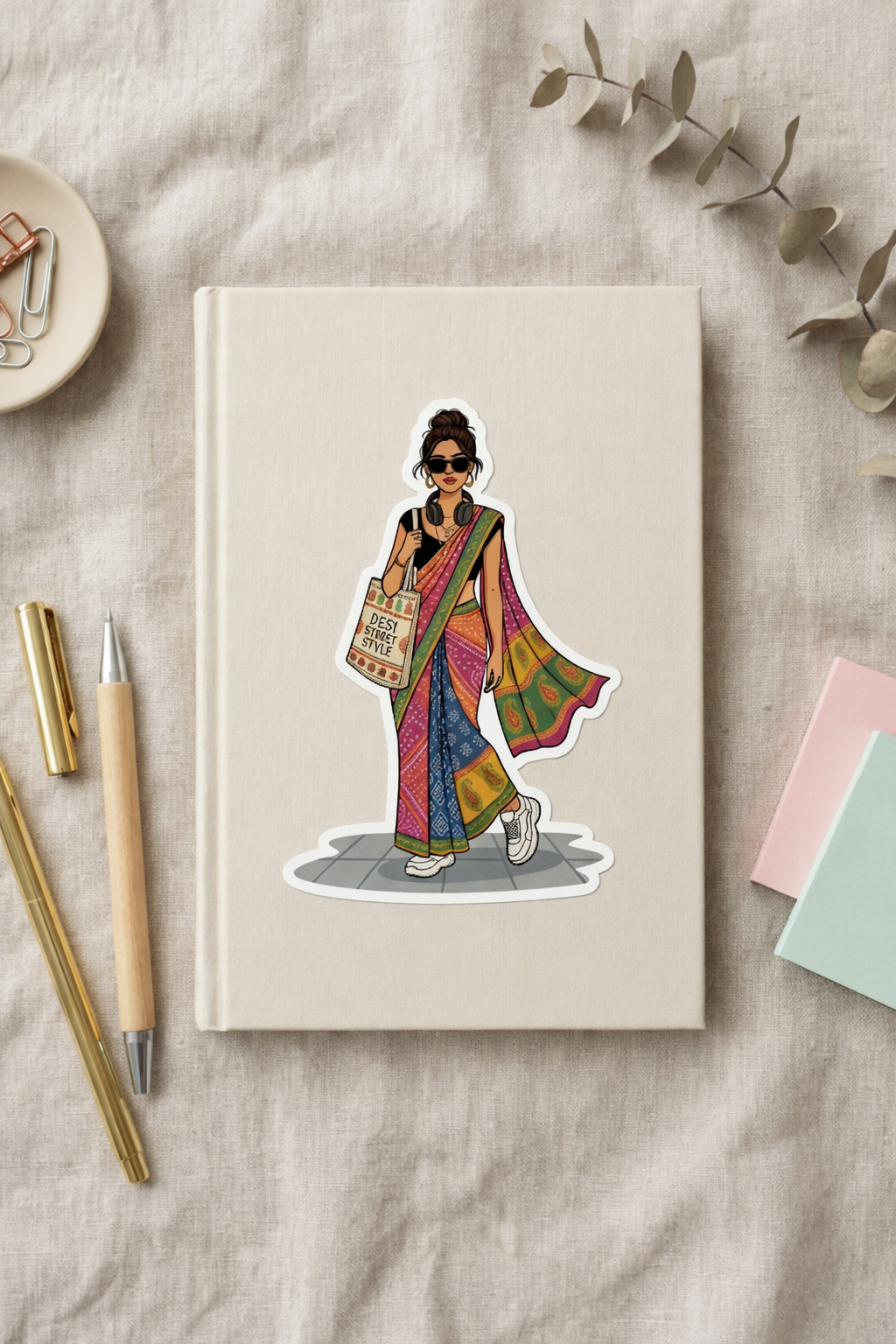 Trendy Indian Street Style Saree Sticker — Confident Woman in Sneakers & Tote