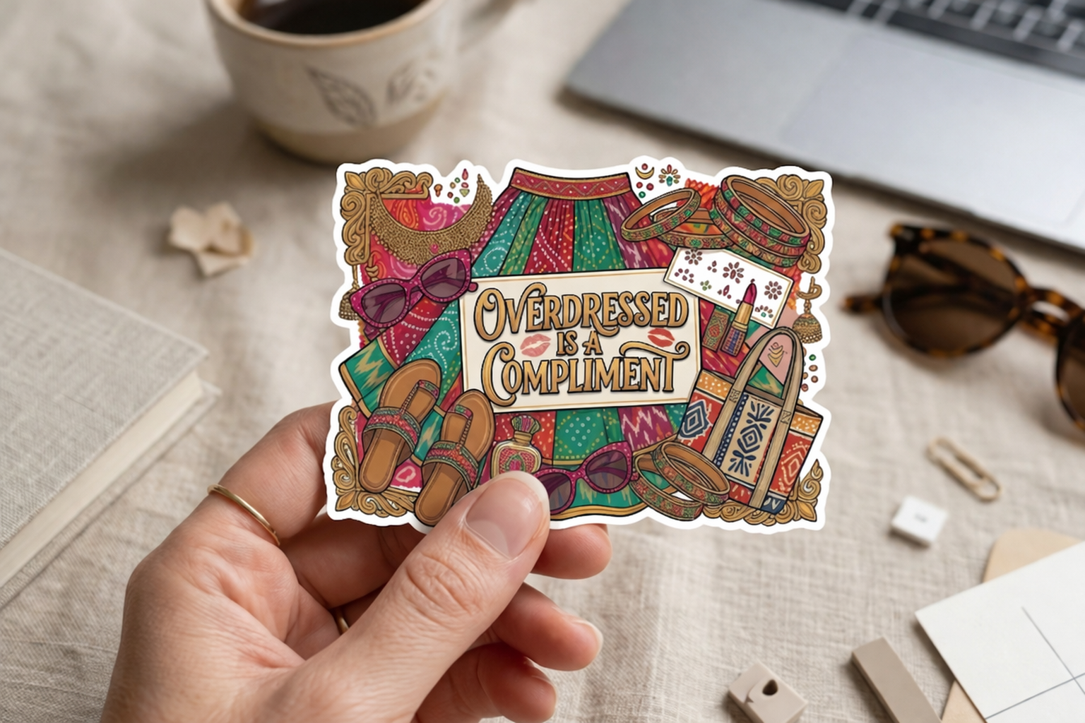 Sticker — "Overdressed Is a Compliment" Boho Fashion Kiss-Cut Sticker